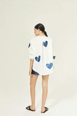Cupid Linen Shirt - Off-white with Metallic Dark Blue Hearts