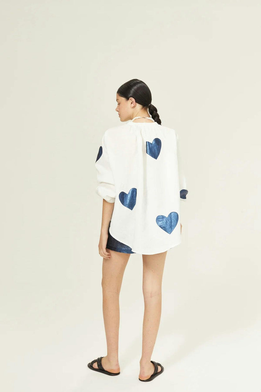 Cupid Linen Shirt - Off-white with Metallic Dark Blue Hearts