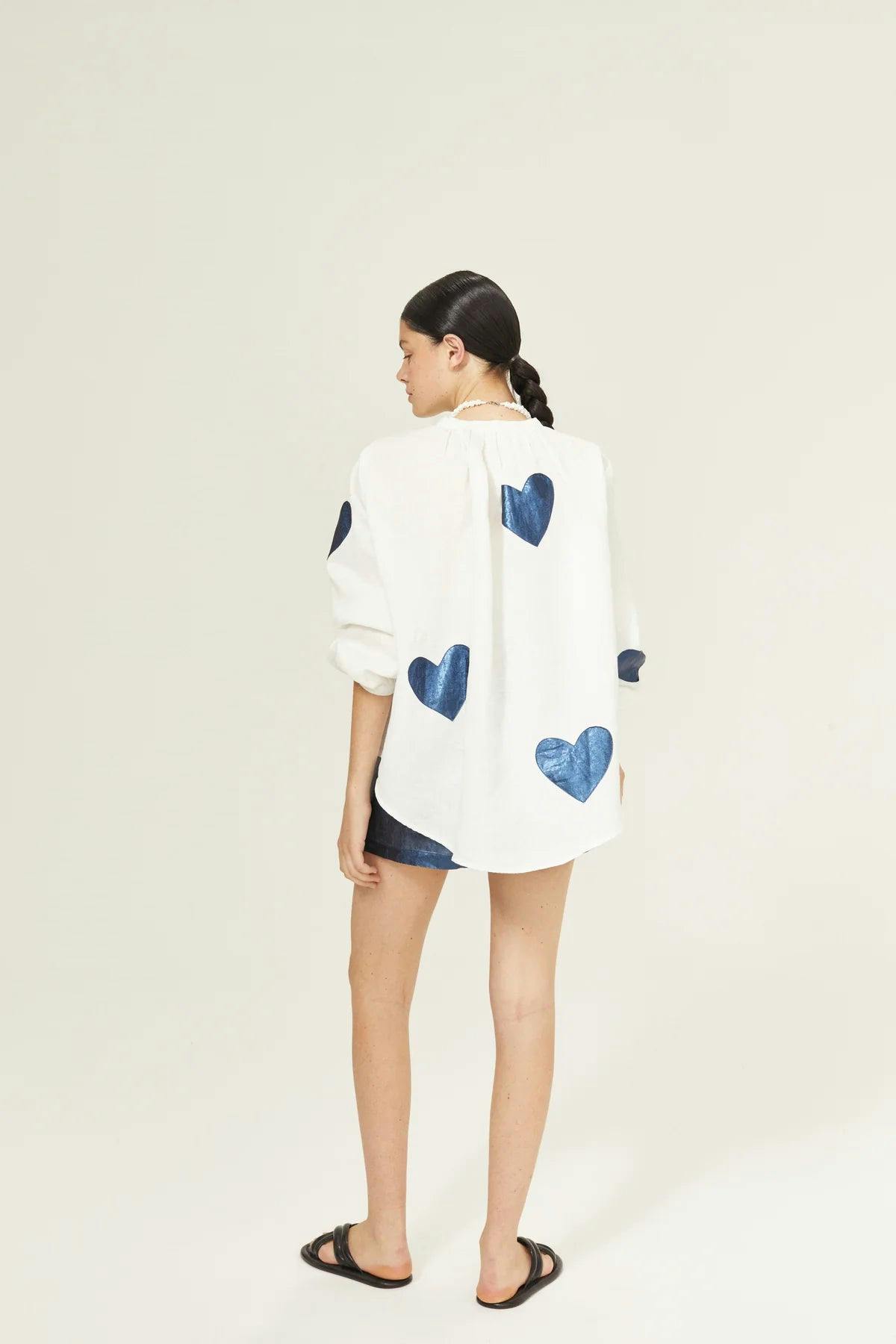 Cupid Linen Shirt - Off-white with Metallic Dark Blue Hearts