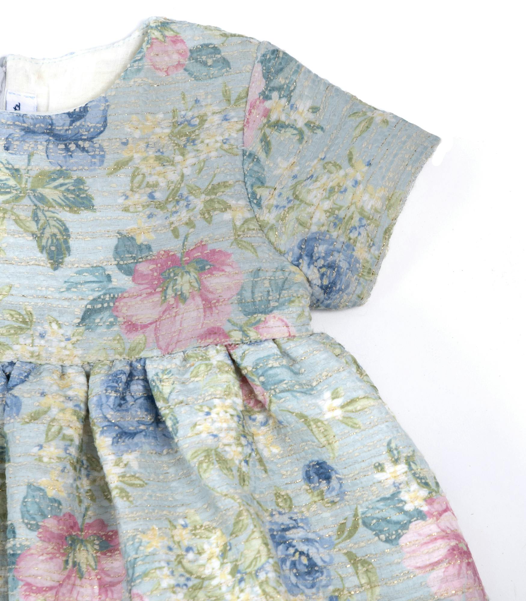 Cecille Baby Dress, French Jacquard - Green Pink Flower