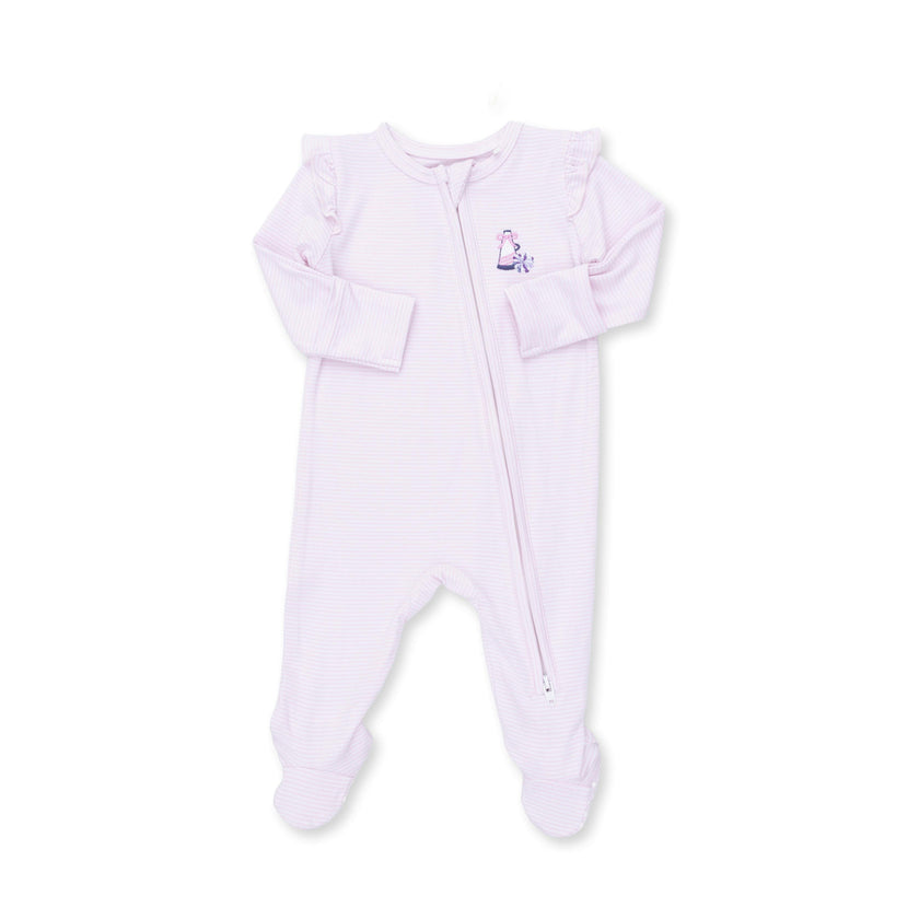 Cheer Pink Micro Stripe - 2 Way Ruffle Sleeve Zipper Footie