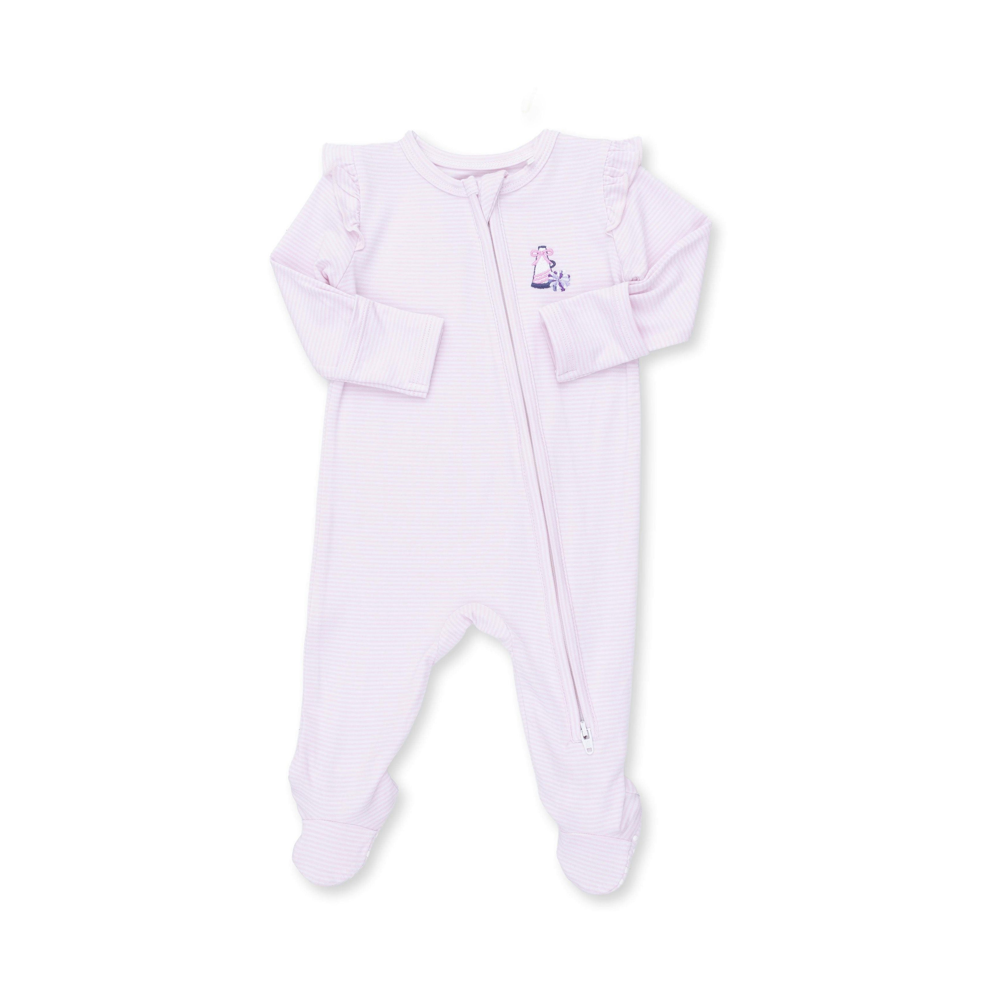 Cheer Pink Micro Stripe - 2 Way Ruffle Sleeve Zipper Footie