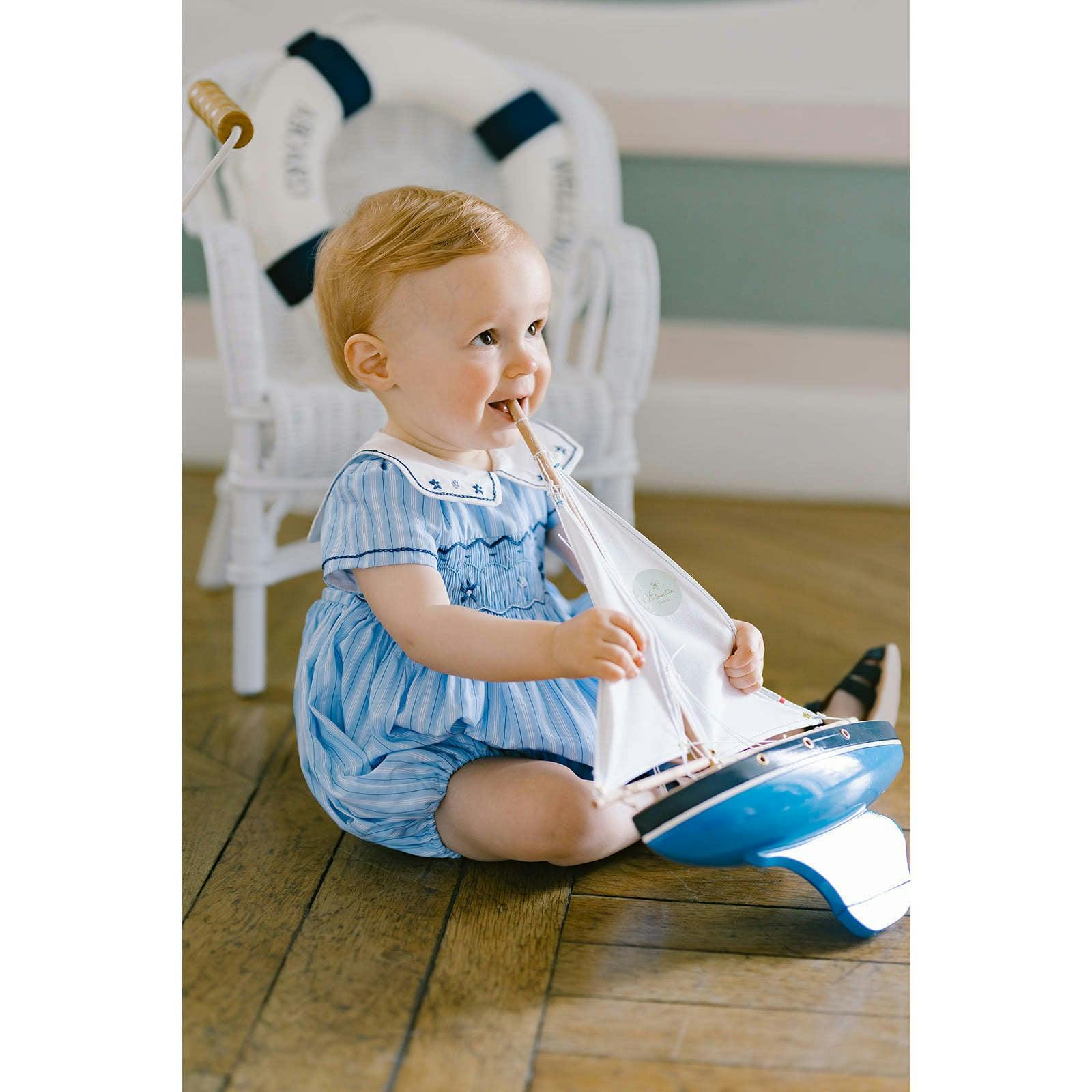 Riviera Blue Stripe Smocked Bubble Romper