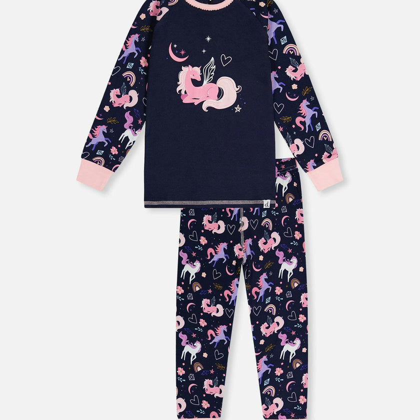 Organic Cotton Two Piece Pajama Set Purple Unicorn Print