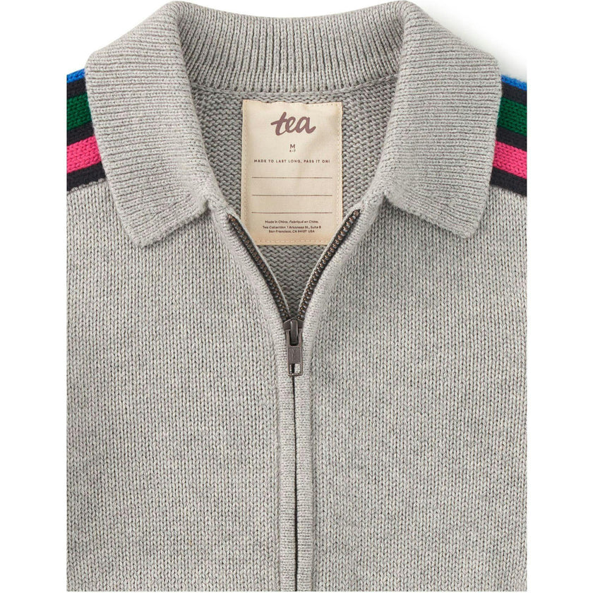 Stripe Sleeve Zip Sweater, Grey