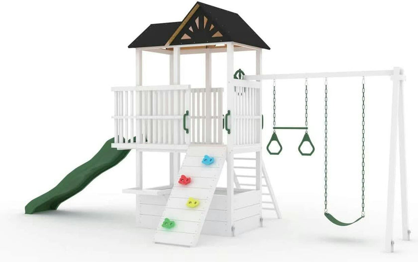 Craftsman | Modern Wooden Swing Set with Slide, Climber & Sandbox