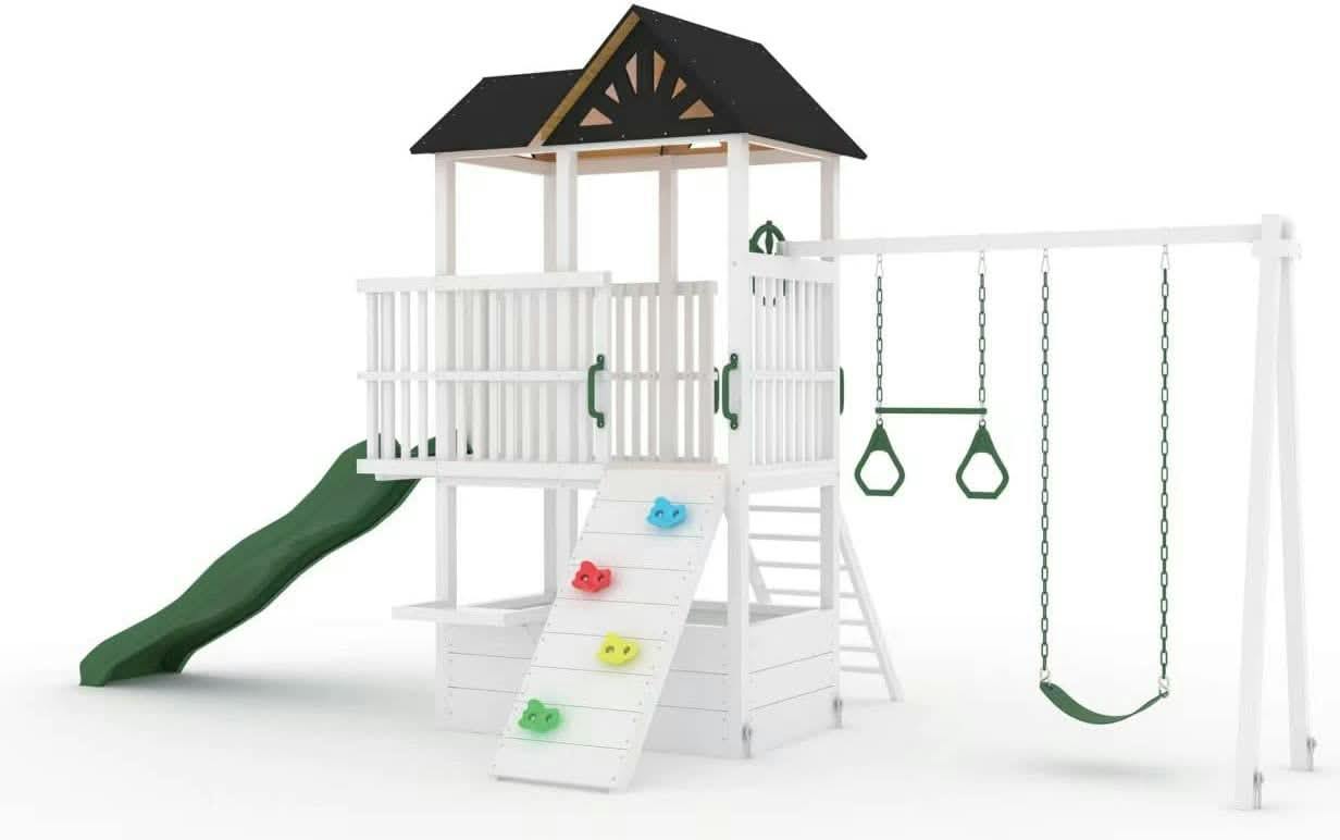 Craftsman | Modern Wooden Swing Set with Slide, Climber & Sandbox