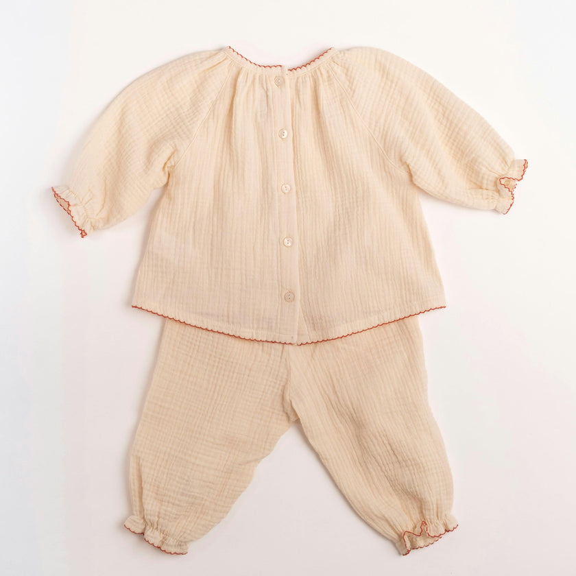 Gauze Two Piece Set in Embroidered Cherries