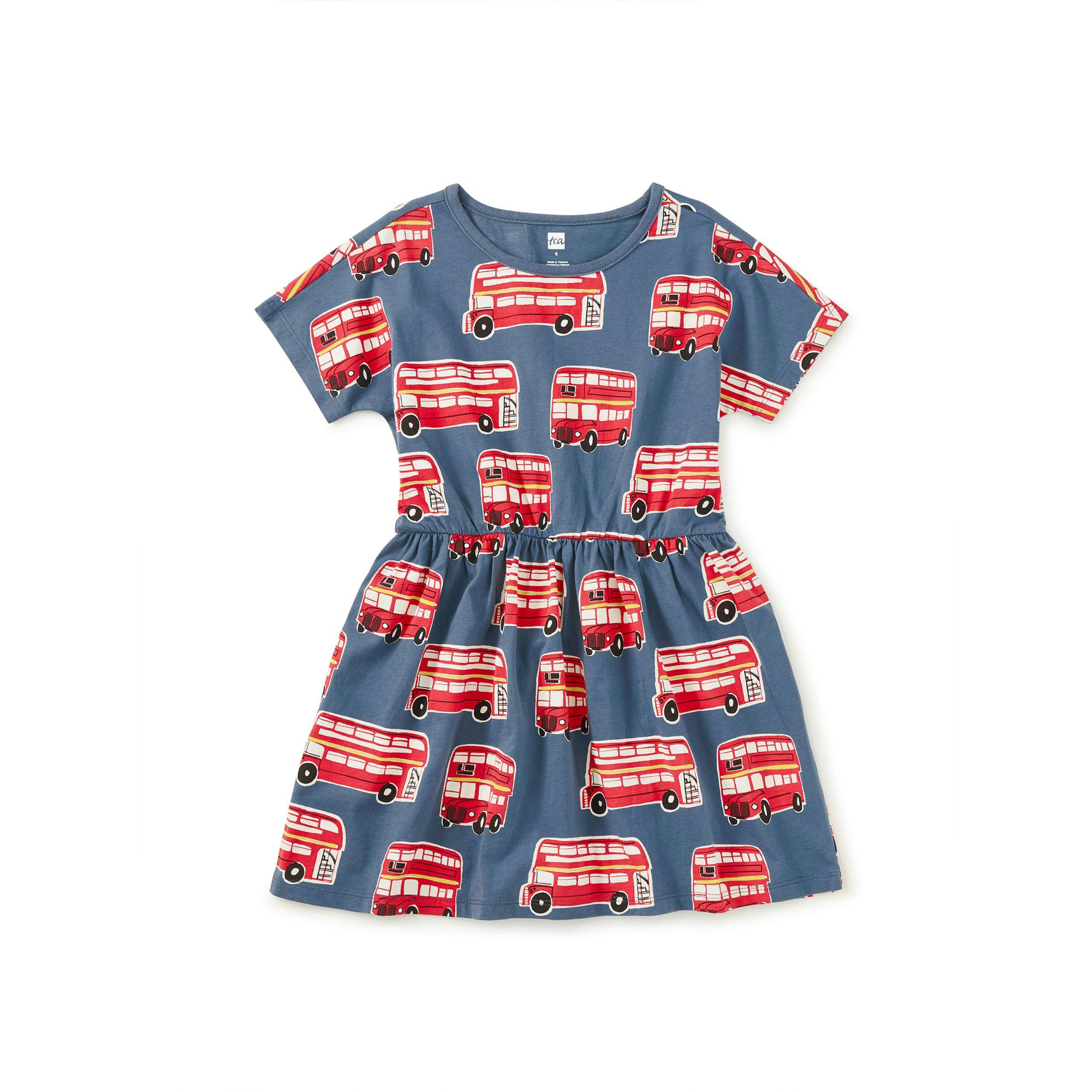 Short Sleeve Twirl Dress, Double Decker Bus
