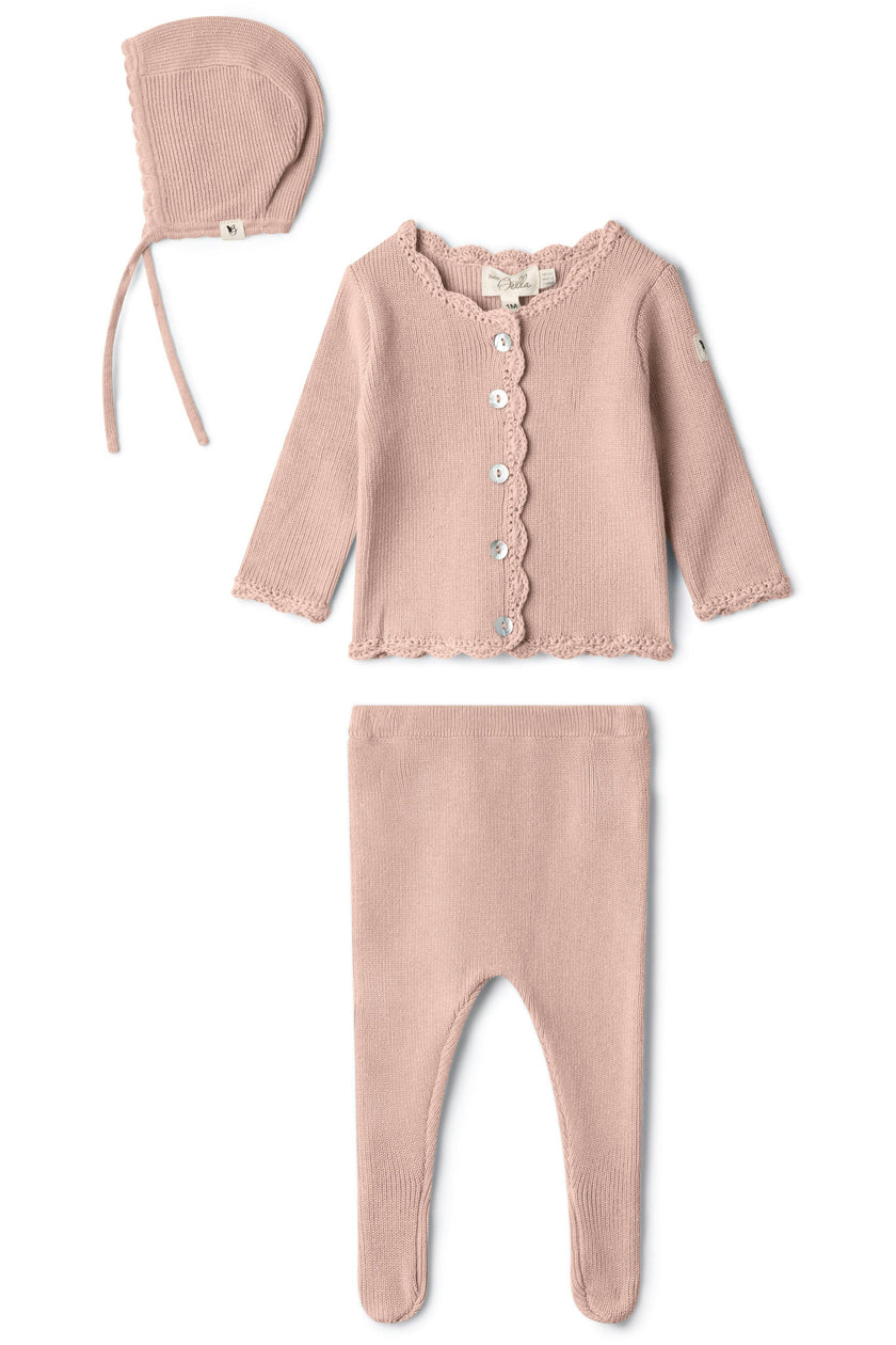 Crochet Trim Top, Pants, and Bonnet Three Piece Set