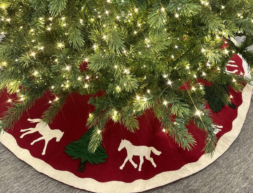 Handmade Dogs and Horses Red Christmas Tree Skirt Hand Felted Wool 60"