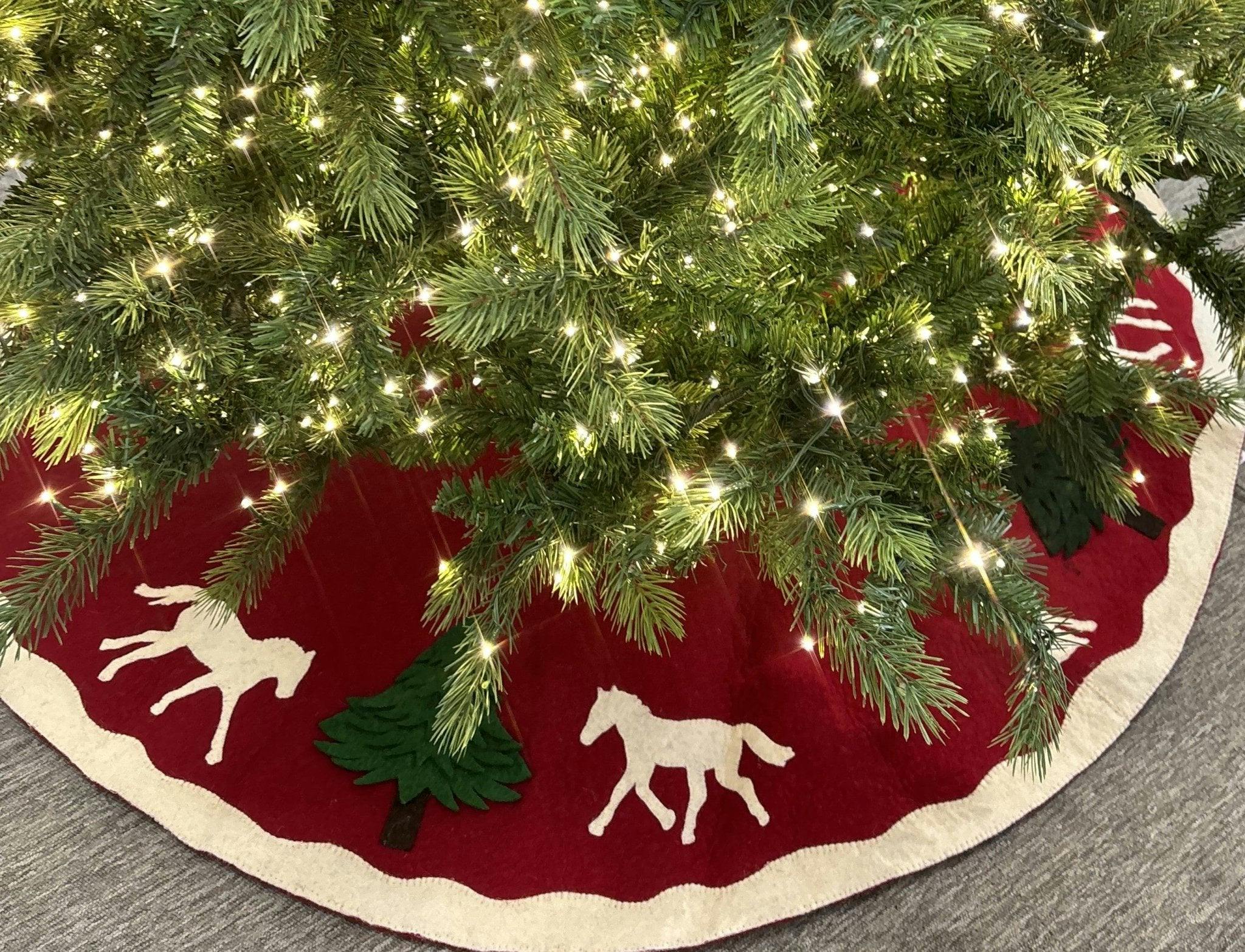 Handmade Dogs and Horses Red Christmas Tree Skirt Hand Felted Wool 60