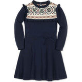 Girl's Organic Ruffle Collar Fair Isle Yoke Sweater Dress, Blue