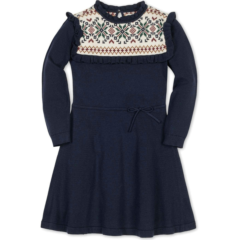 Baby Organic Ruffle Collar Fair Isle Yoke Sweater Dress, Blue