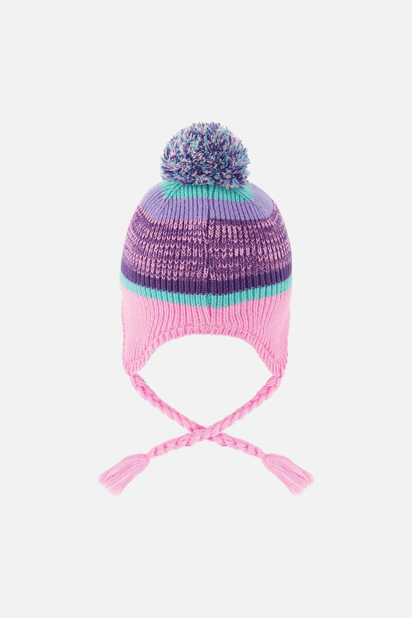 Winter Peruvian Knit Hat with Pompom Mauve and Blue Jacquard
