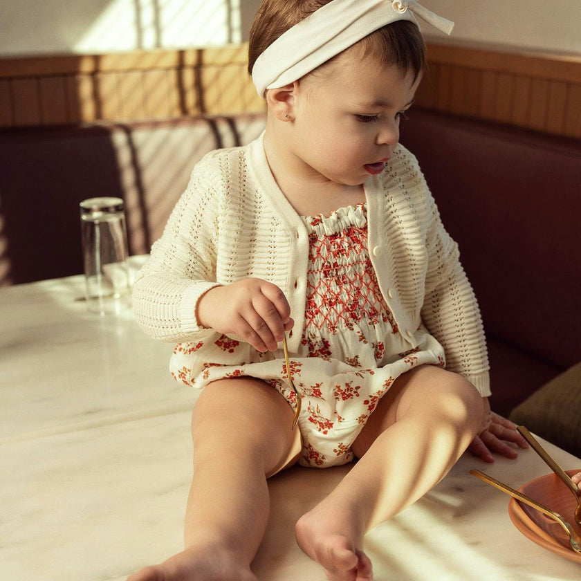Pointelle Knit Cropped Cardigan Off White