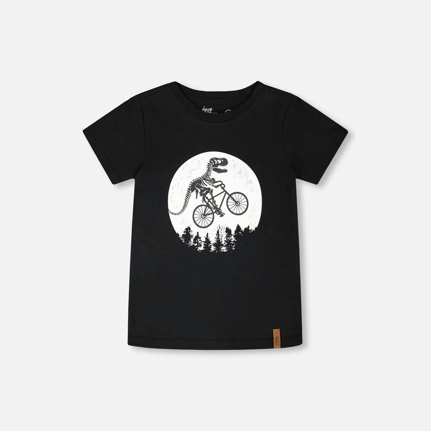 Glow In The Dark Organic Cotton Jersey T-Shirt With Dino On Bike Print Black