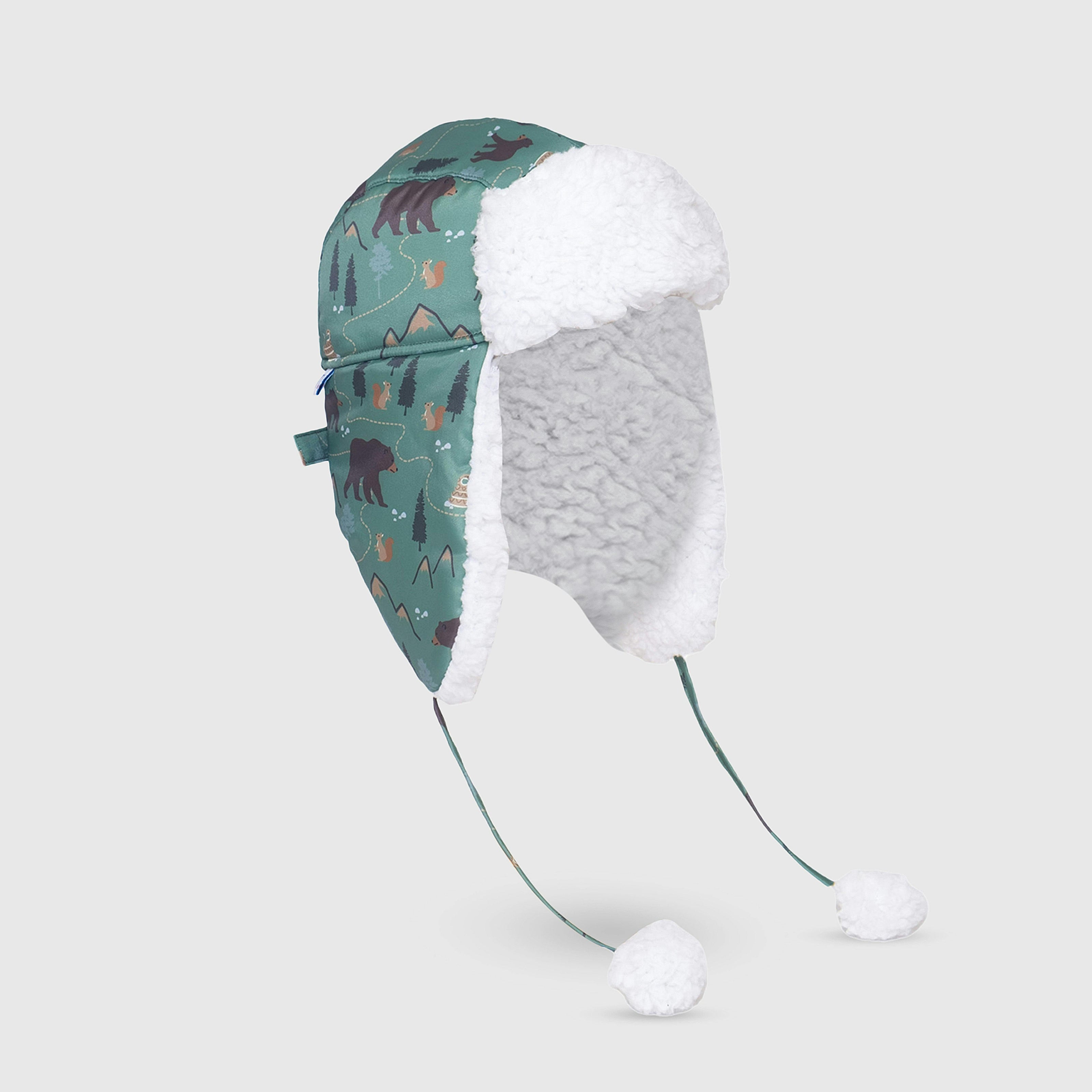 The Cozy Trapper Hat – Camping Trails Print with Coconut White Sherpa Liner & Pompoms