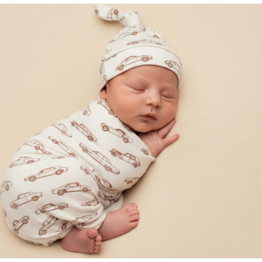 Organic Swaddle Blanket & Hat Set - Cars