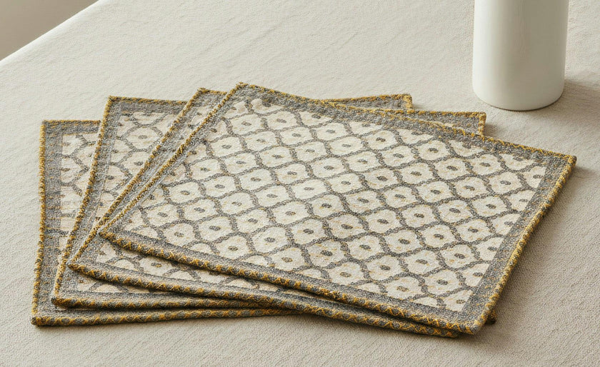 Artisan Hand Loomed Placemat - Gray Yellow Stitching - 14" x 19"- Set of 4