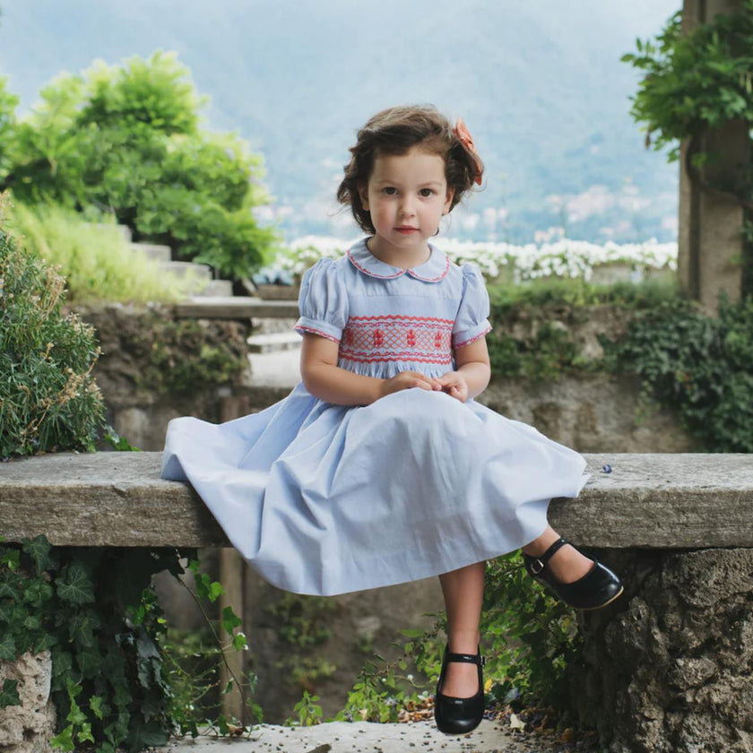 Lavender Blue Princess Charlotte Hand Smocked Embroidered Collar Short Sleeve Dress with Bloomer (12mo - 3 yrs)