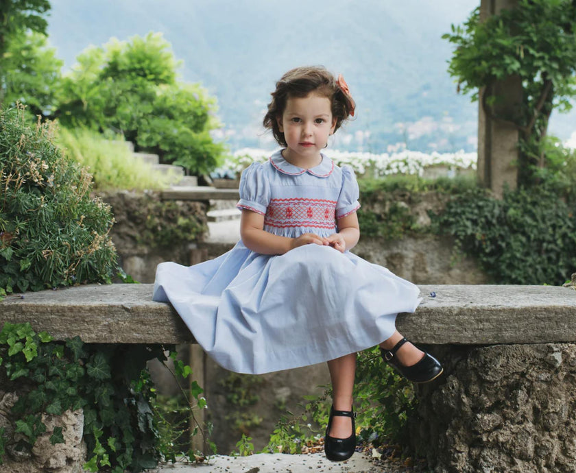 Lavender Blue Princess Charlotte Hand Smocked Embroidered Collar Short Sleeve Dress with Bloomer (12mo - 3 yrs)