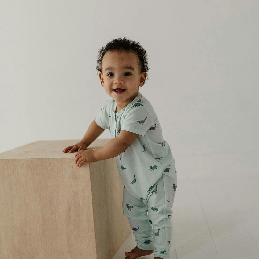 Baby Boy Short Sleeve Henley Romper in Dinosaur