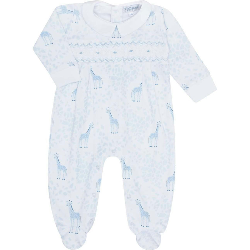 Blue Giraffe Print Smocked Footie