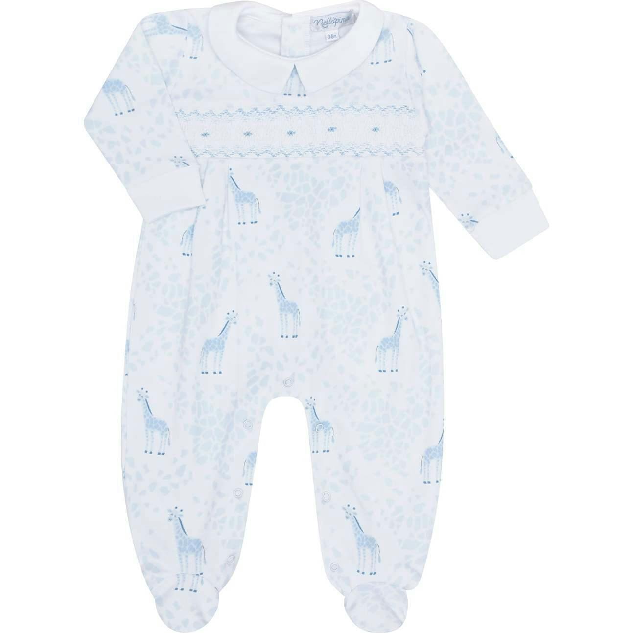 Blue Giraffe Print Smocked Footie