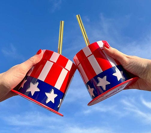 Packed Party Hats Off to the USA Patriotic Uncle Sam Top Hat Sippers - 14 oz Novelty 4th of July Cups with Gold Plastic Straws and Leak-Proof Lids