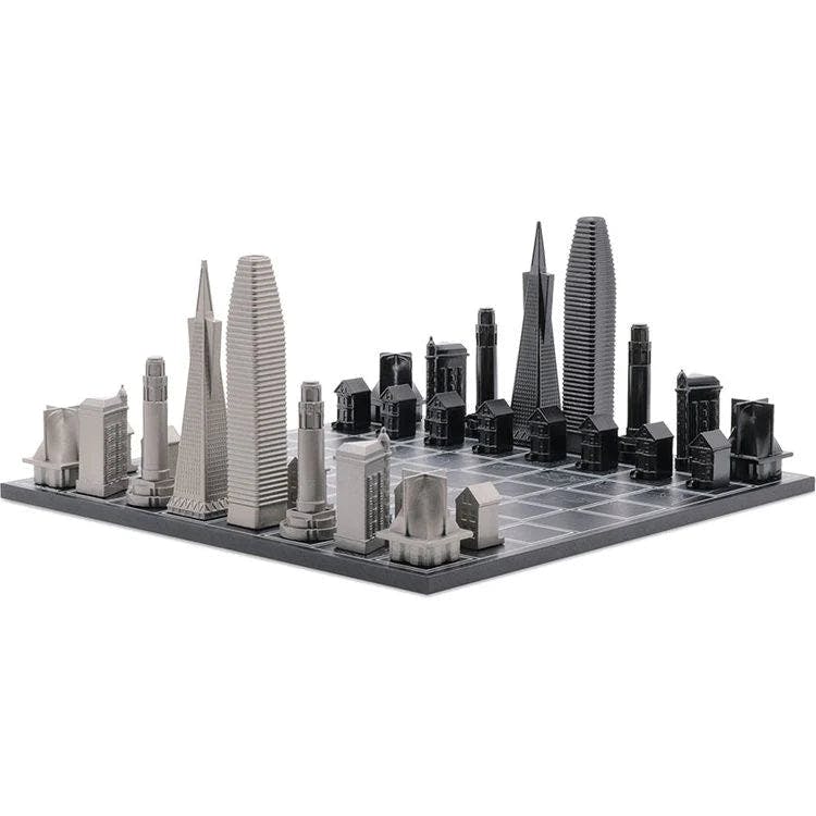Chess Set Stainless Steel SAN FRANCISCO with Wood Map Board