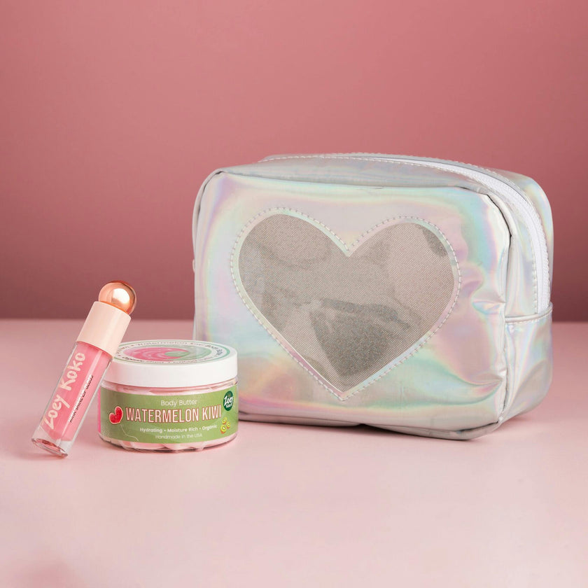 Holographic Glitter Heart Cosmetic Bag