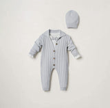 Blue 3-Piece Cable Knit Romper, Bodysuit & Beanie Set