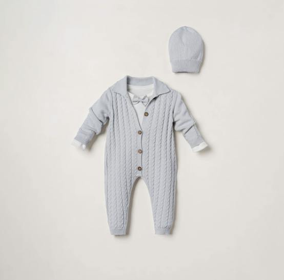 Blue 3-Piece Cable Knit Romper, Bodysuit & Beanie Set