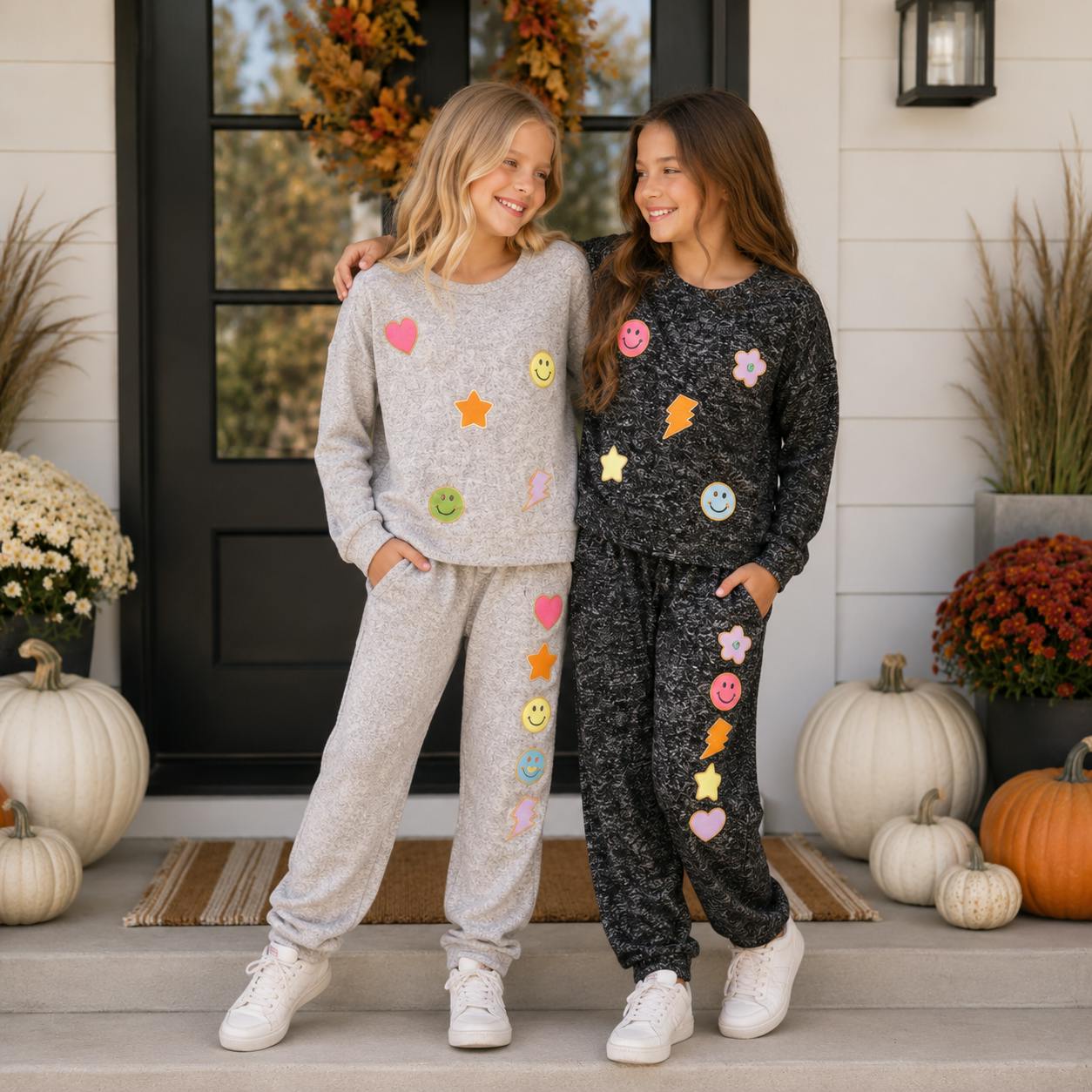 Hacci Sweatshirt with Assorted Color Glitter Chenille Bow Patches