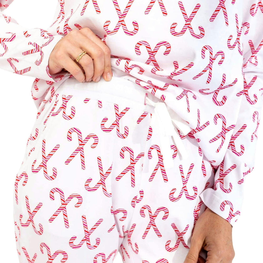 Women's Candy Cane Long PJ Set - Red White Organic Stretch Jersey Knit Cotton