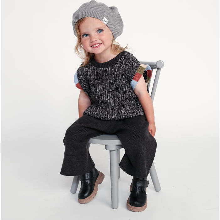 Chunky Ribbed Cotton Knit Elastic Fit Beret, Grey