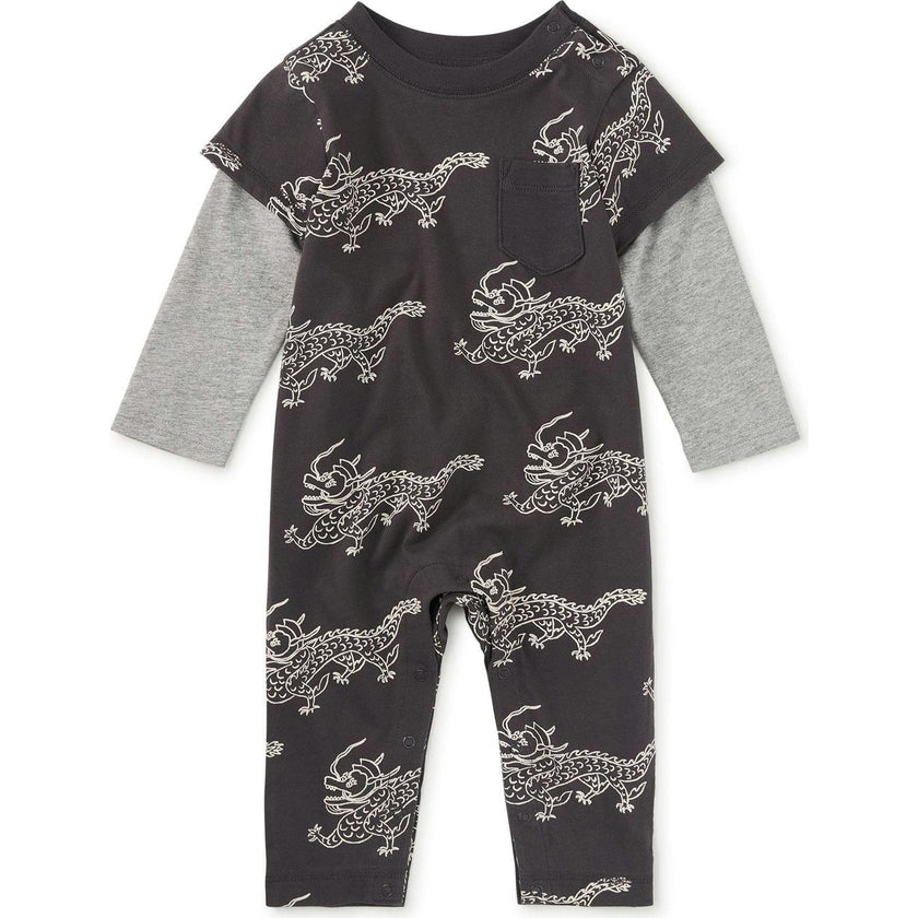 Layered Button-Up Baby Romper, Grey
