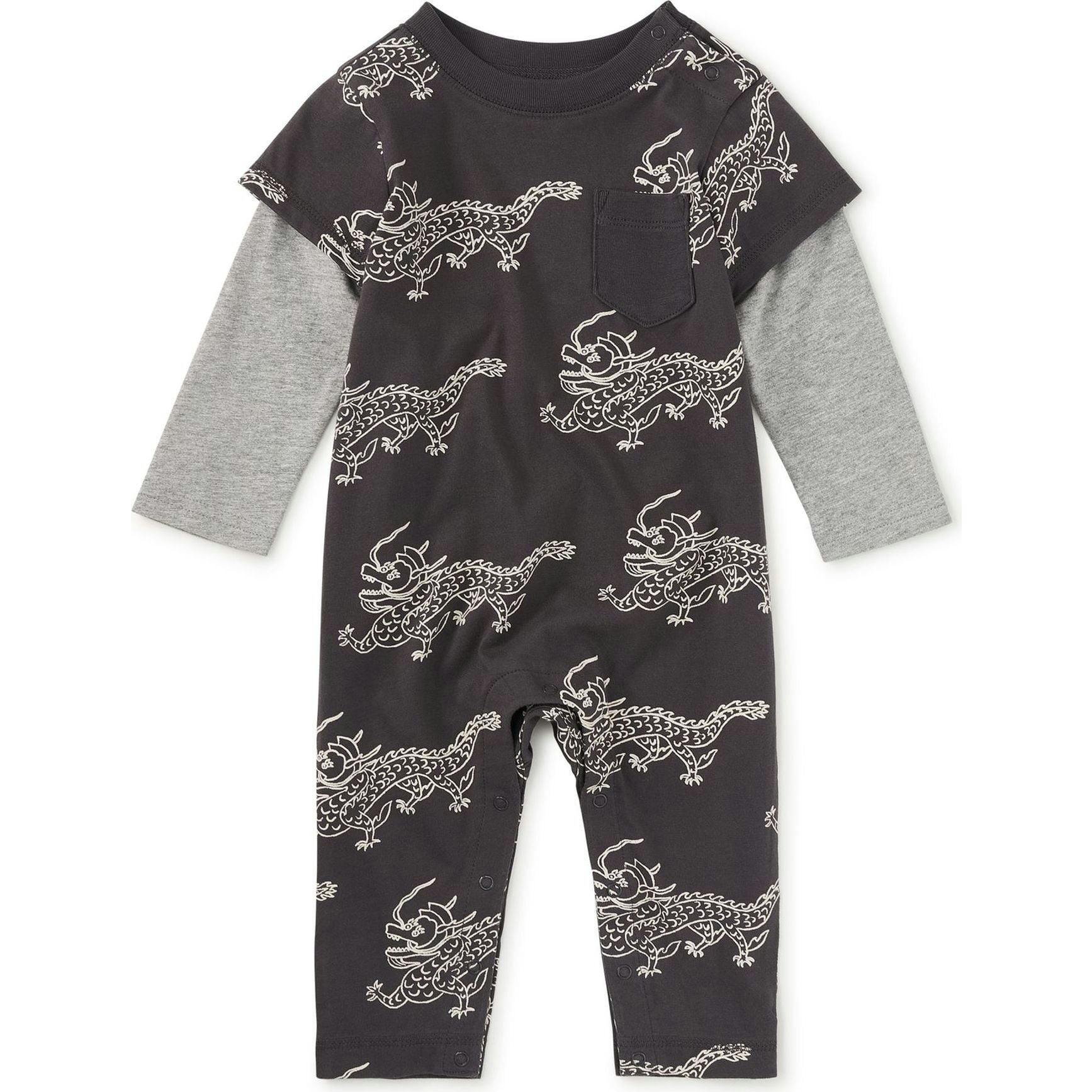 Layered Button-Up Baby Romper, Grey
