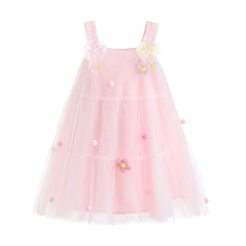 Light Pink Suvanna Pom‑Pom Tulle Dress with Bow Clip