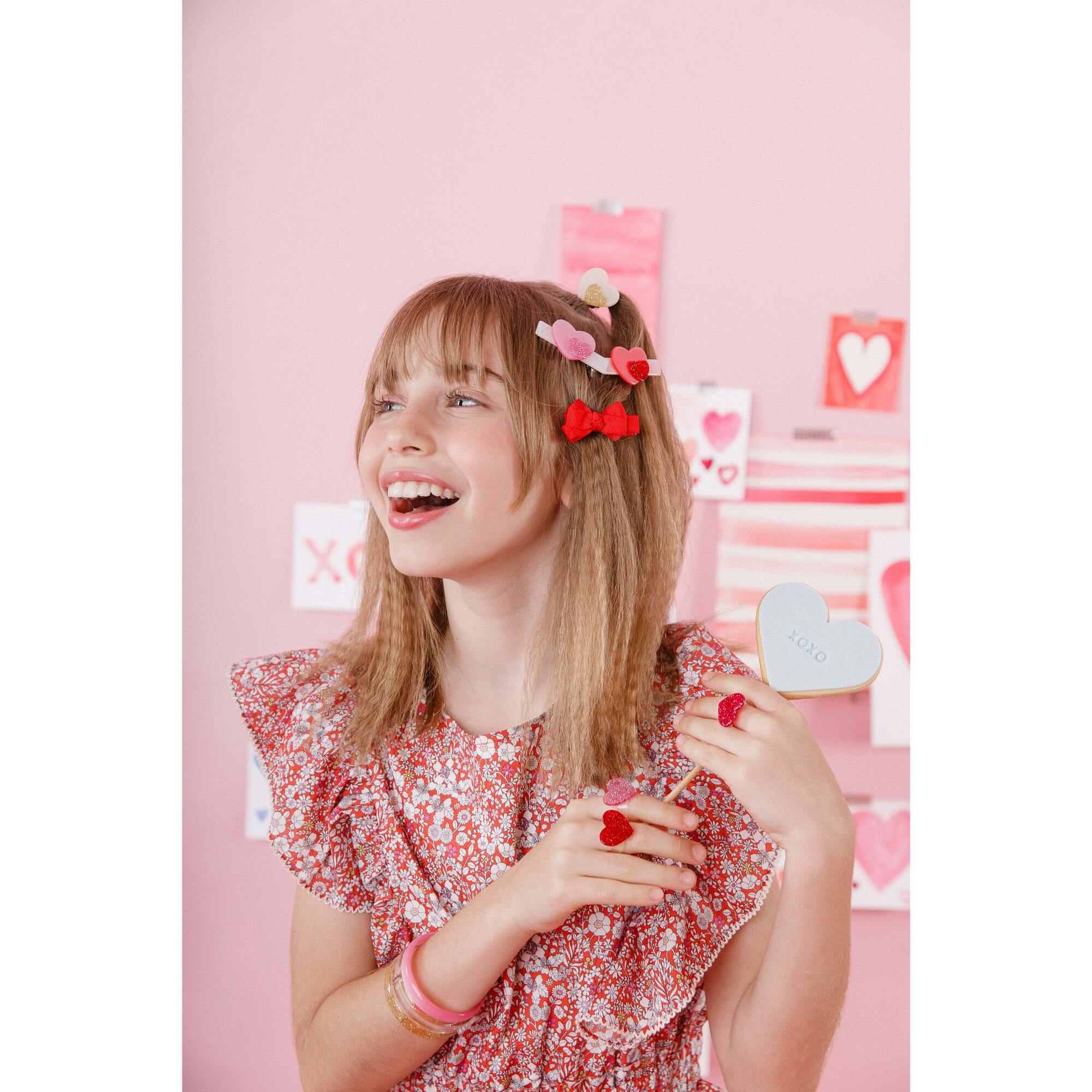 Baby Heart Double & Fabric Bow Red Pink Hair Clips