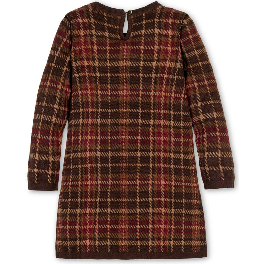Organic Long Sleeve Bow Detail Intarsia Sweater Dress, Brown