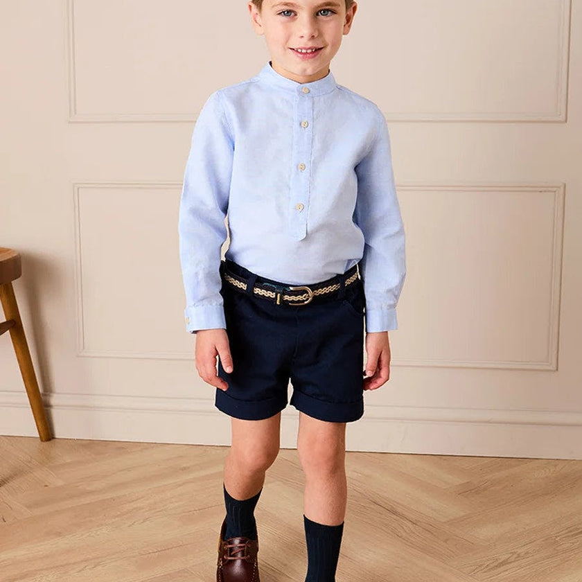 Mao Collar Linen Blend Shirt in Blue (18mths- 10yrs)