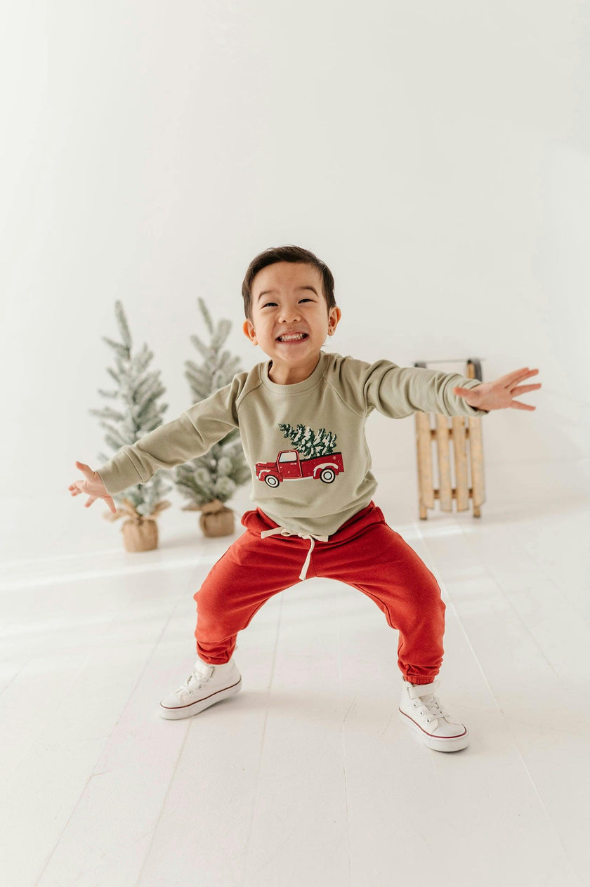 Boys Raglan Sweatshirt in Christmas Truck on Evergreen