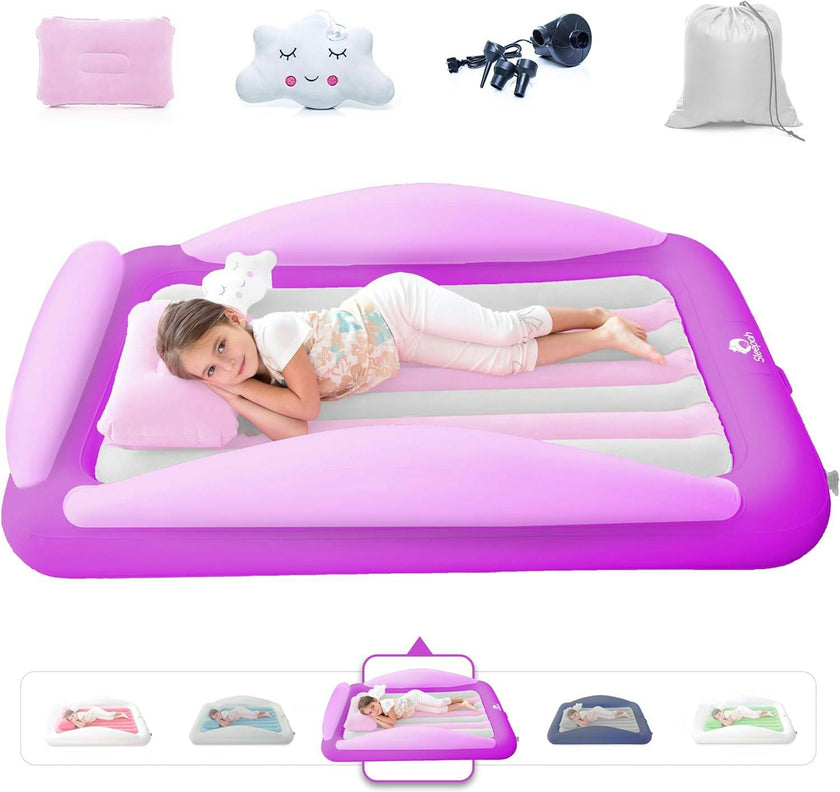Inflatable Toddler Travel Bed – Kids Blow Up Air Mattress + Safety Bumpers