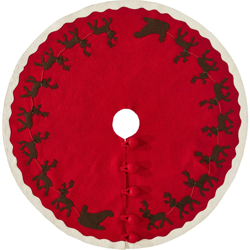 Handmade Felt Sleigh and Reindeer Red Christmas Tree Skirt 60"