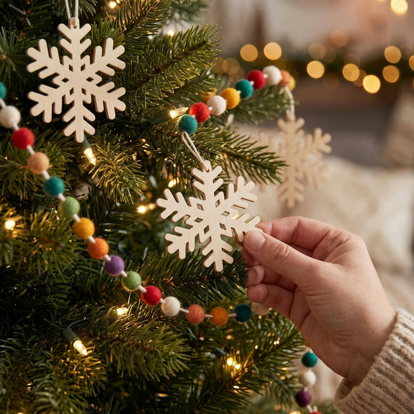 Hand Felted Wool Christmas Garland and Bunting - Multicolor Dots White Snowflakes - 6'