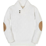 Organic Long Sleeve Shawl Collar Cable Sweater with Elbow Patches, White