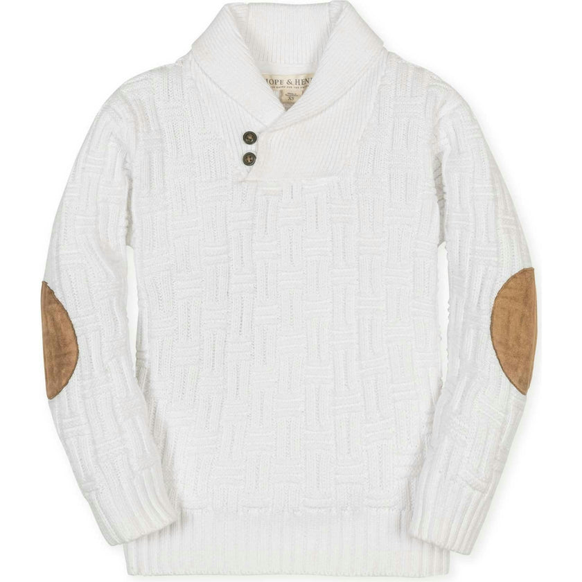 Organic Long Sleeve Shawl Collar Cable Sweater with Elbow Patches, White