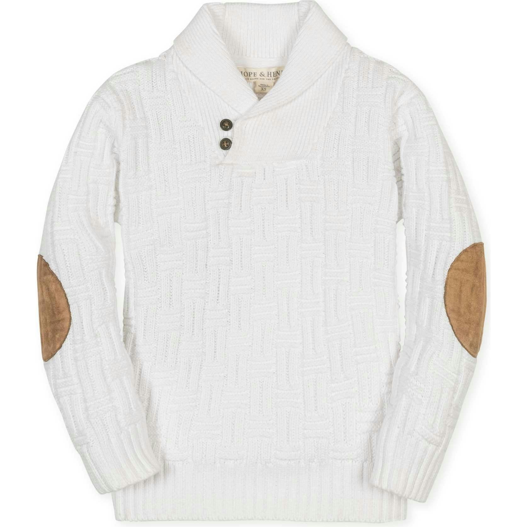 Organic Long Sleeve Shawl Collar Cable Sweater with Elbow Patches, White